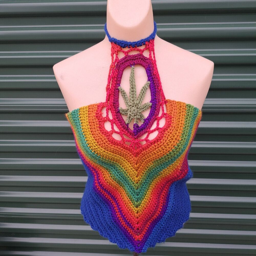 Handmade Crochet Knit Mary Jane 420 Weed Pot Rainbow Halter Tank Top Shirt